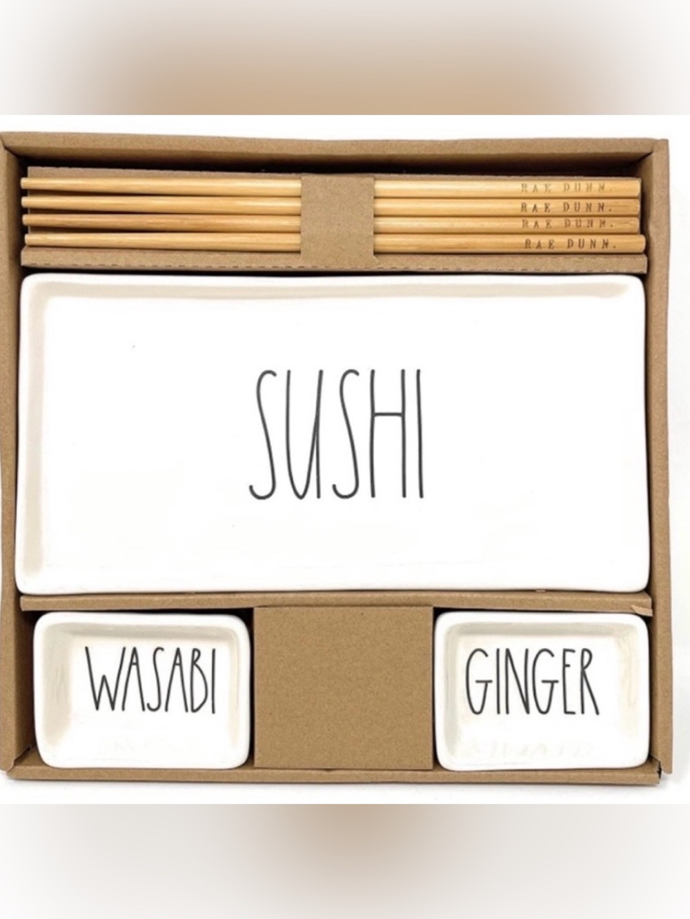 🆕 Rae Dunn sushi set, wasabi and ginger trays set with chopsticks